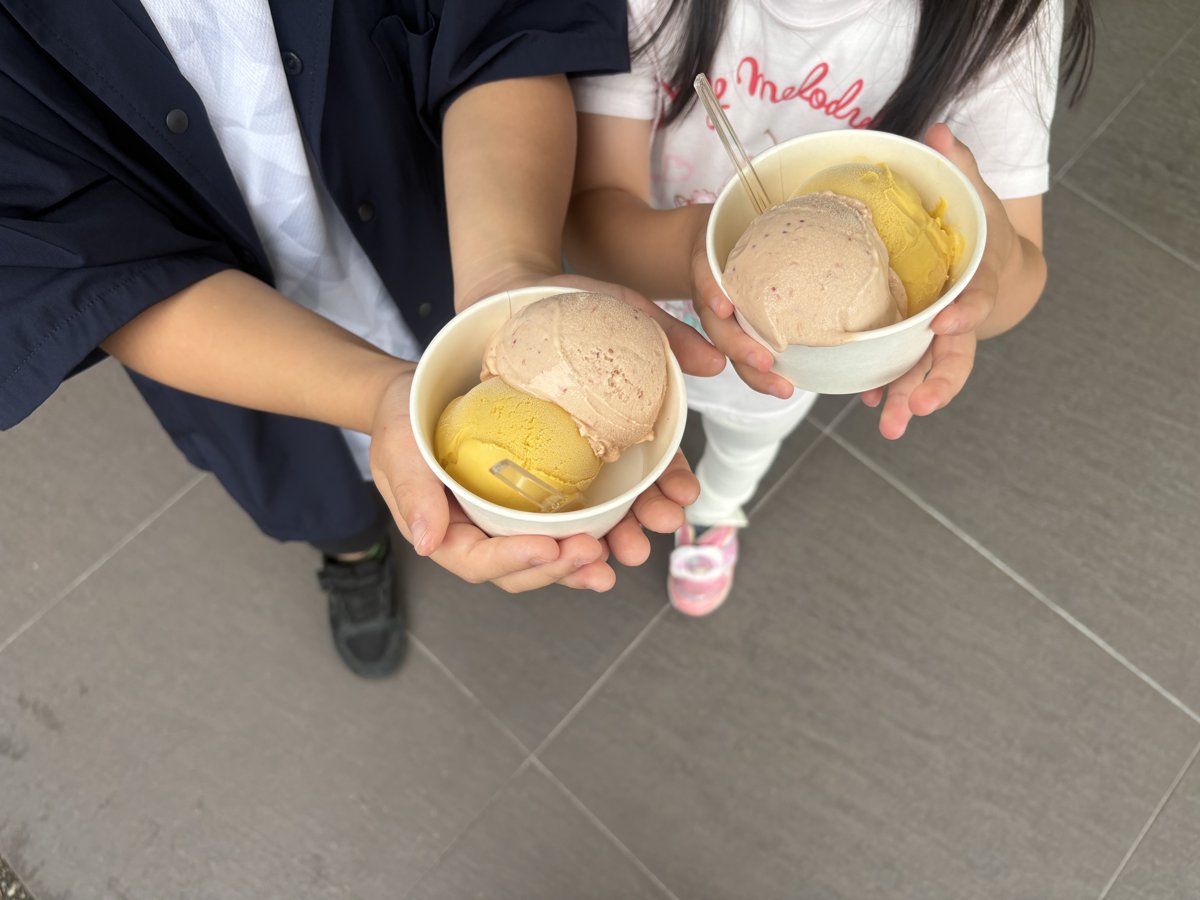 苺とマンゴーのアイスを持つ子どもたち
