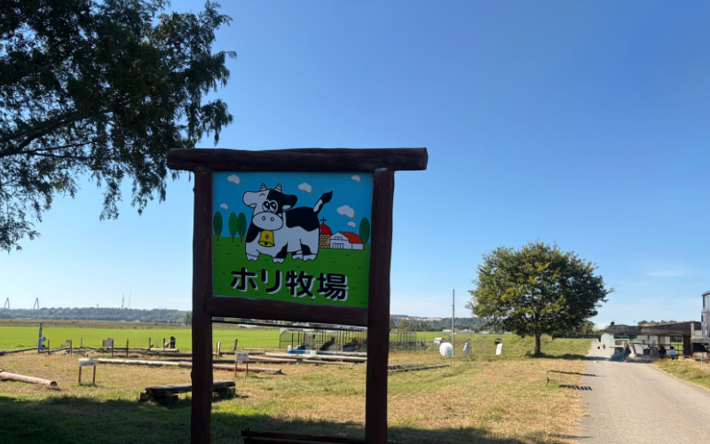 ホリ牧場の牛のイラスト看板と青空の広がる牧場